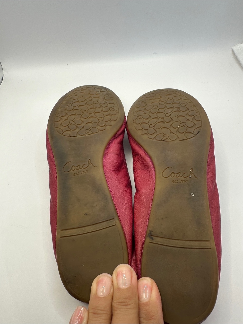 Coach Pink Fabric and Brown Leather Cap-Toe Ballet Flats with Gold Accent - Picture 9 of 11